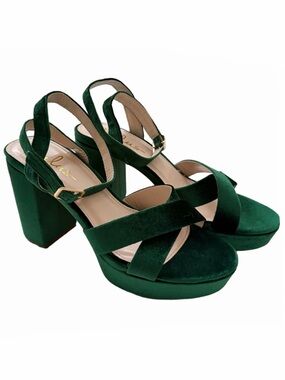 Lulus Selah Emerald Green Velvet Size 8.5 Ankle Strap Heels Elegant Dressy EUC